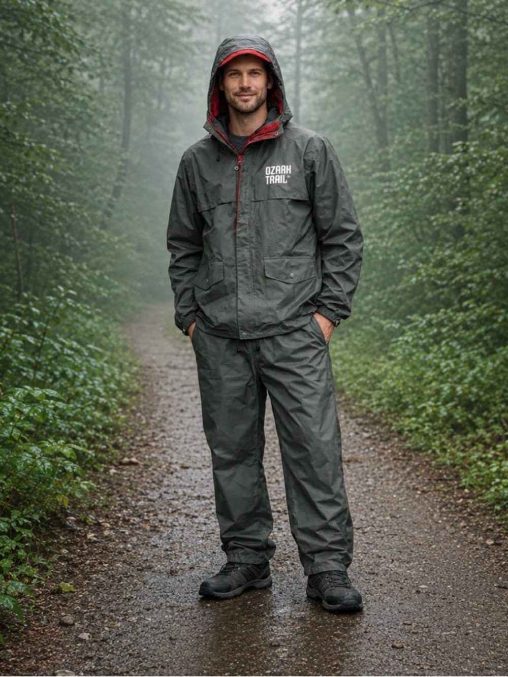 Ozark Trail Men's Dark Olive Green Waterproof Rain Set with Red Trim